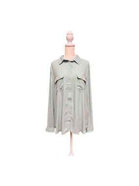 LOFT Sage Green Button Front Utility Blouse XL Long Sleeve Career Top